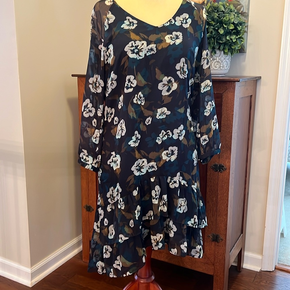CAbi 3460 Pirouette Floating Blue Floral Mini Dress Chiffon A-Line Size Medium